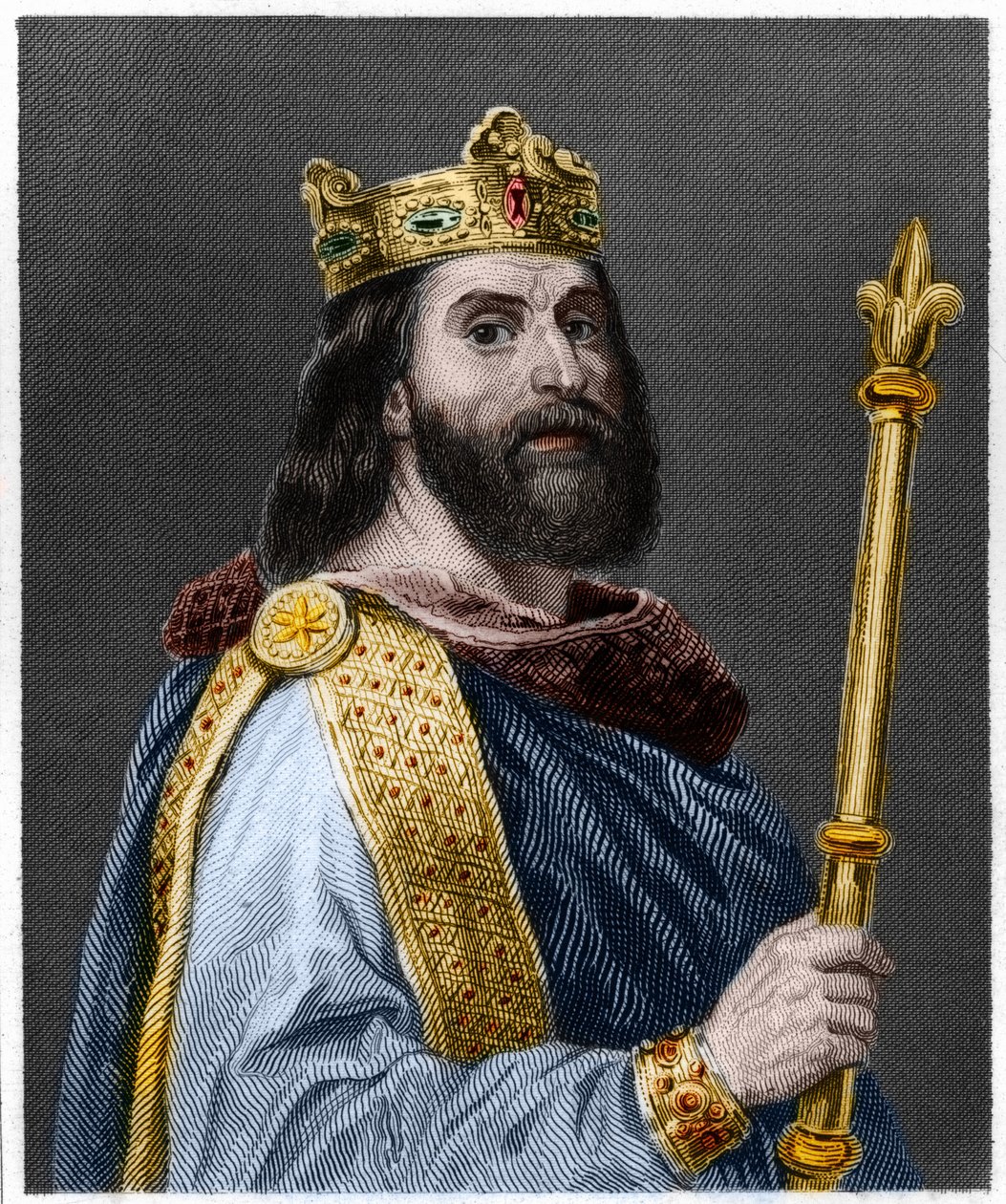 Portrét Ludvíka II. Begue nebo Faineant (846 - 879), král Francie - v „Histoire des Francais“ od Lavallee, rytina, sd. od French School