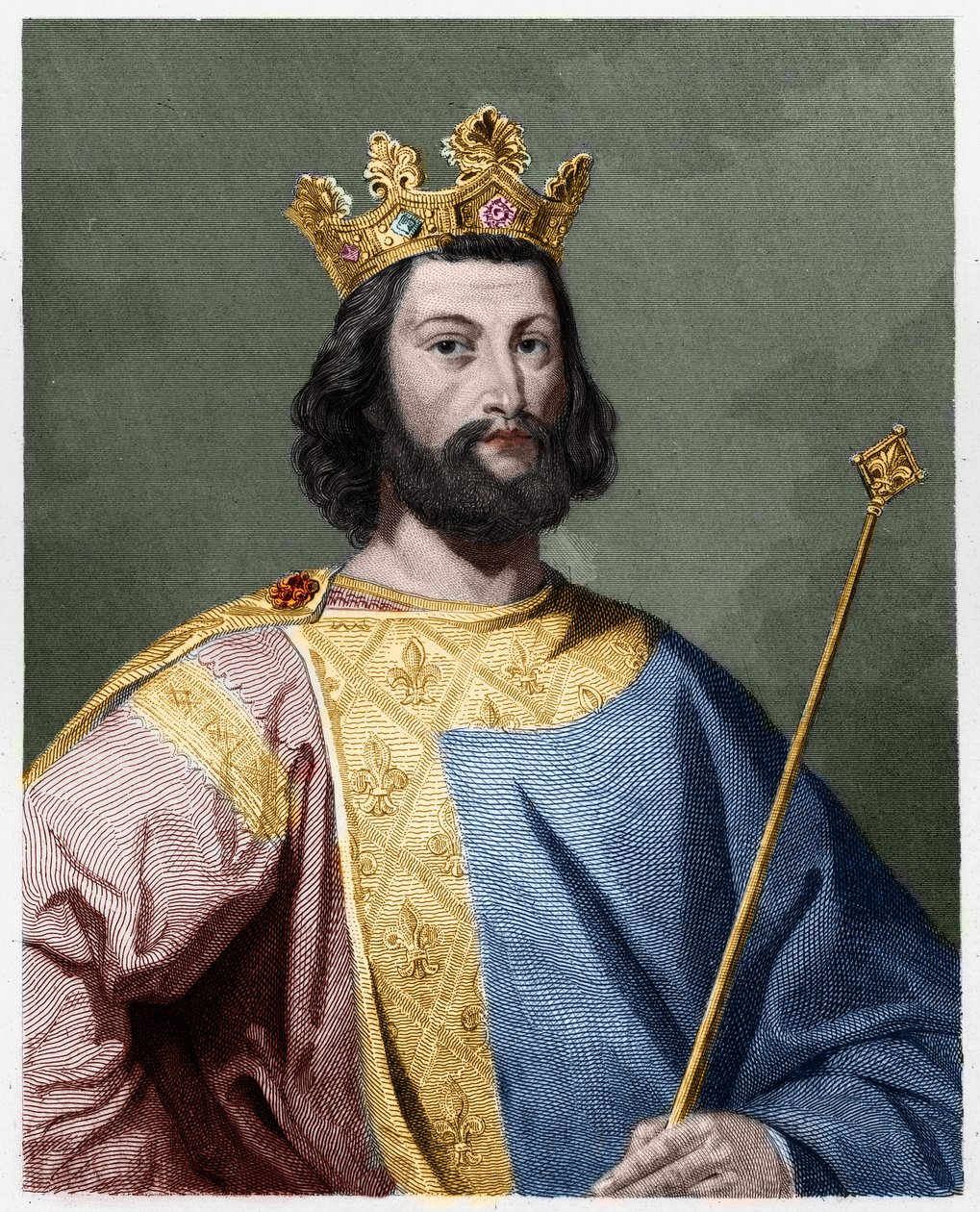 Portrét Ludvíka VII. Mladého (1120 - 1180), krále Francie - v „Histoire des Francais““ od Lavallee, rytina, sd. od French School