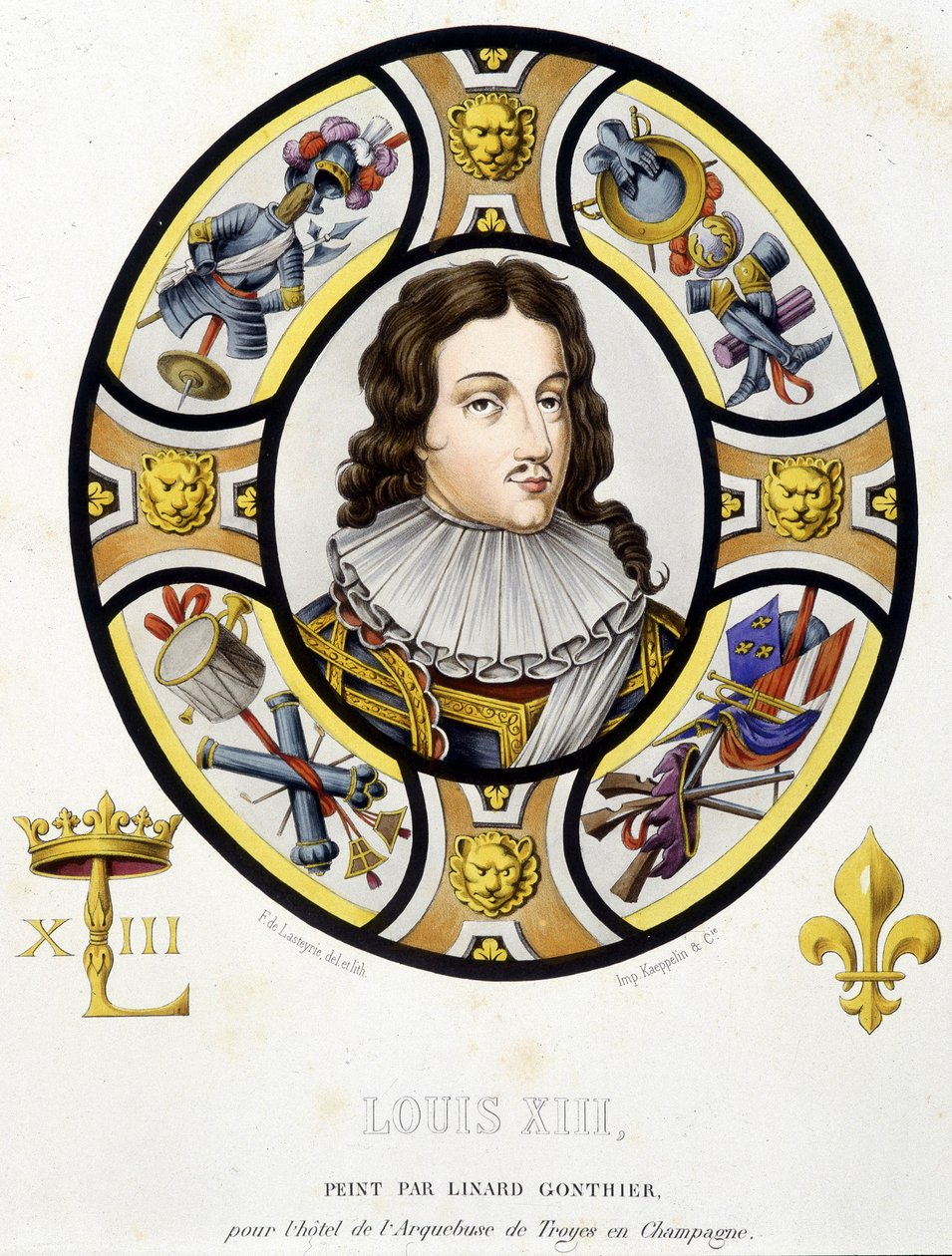 Portrét francouzského krále Ludvíka XIII. (1601-1643). Faksimile vitráže ze středověku v „Histoire de la peinture sur verre““ od Ferdinanda de Lasteyrie od French School