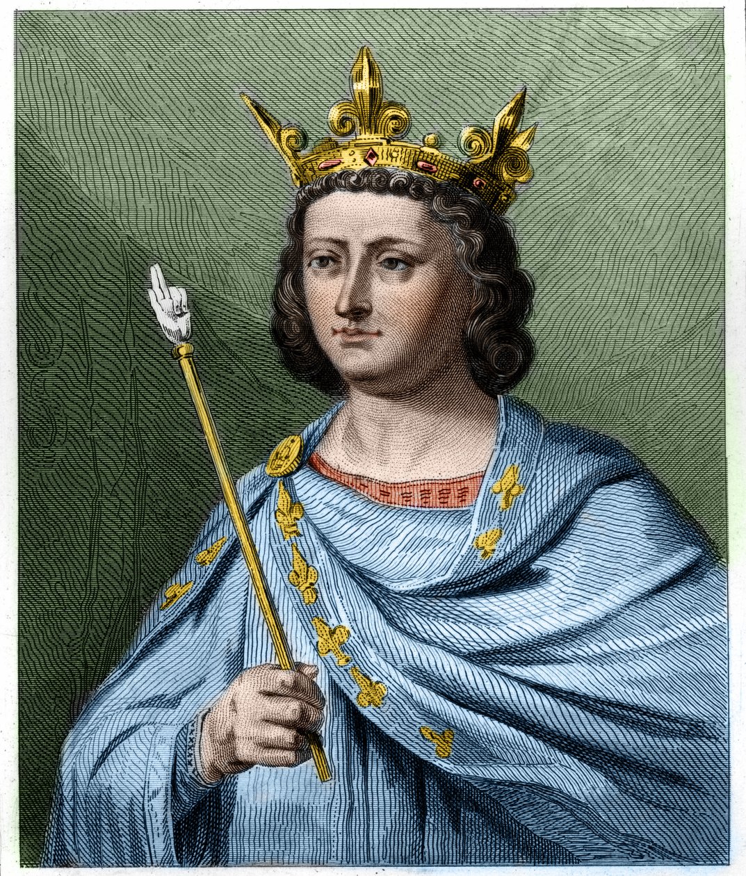Portrét Ludvíka X le Hutina (1289 - 1316), krále Francie - v „Histoire des Francais““ od Lavallee, rytina, sd. od French School