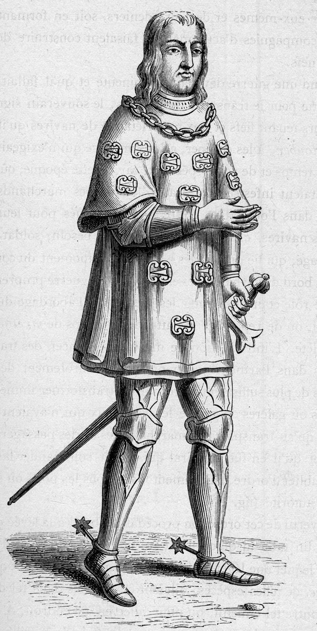 Portrét Louise de Malet, pána z Graville (asi 1441-asi 1519), admirála Francie v roce 1487, ve válečném a turnajovém kostýmu. Rytina v „La Marine et les colonies: commerce“ od French School