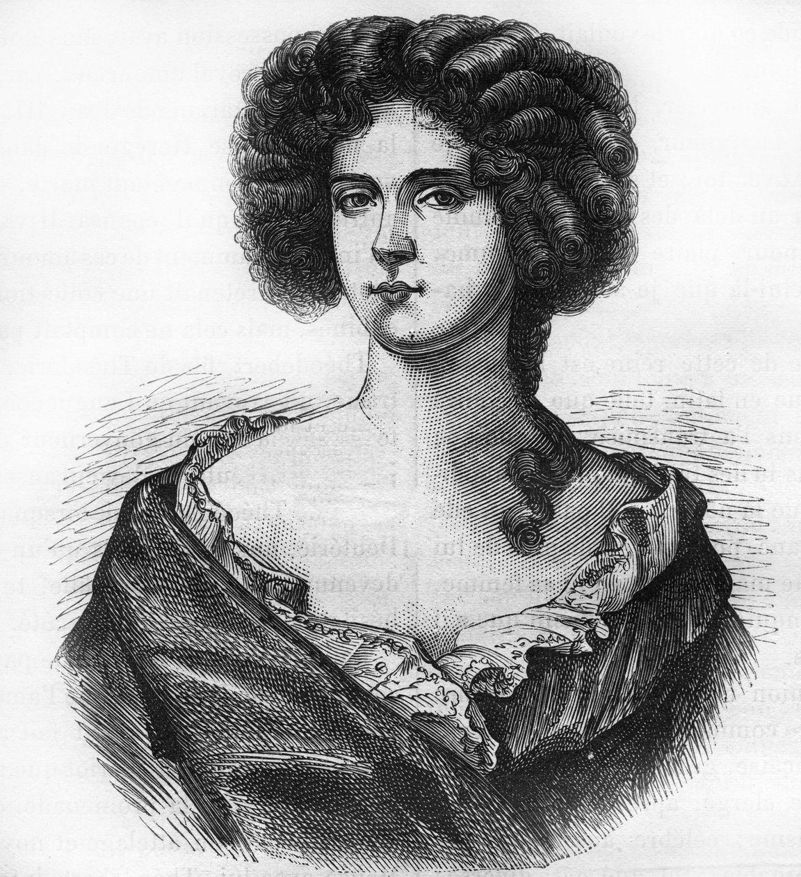 Portrét Louise de Keroualle (1649-1734), vévodkyně z Portsmouthu a milenky Karla II. (1630-1685). Rytina do „Historie prostituce a zhýralosti mezi všemi národy světa od starověku po současnost“ od Dr. Th. -F. Debray. 1 od French School