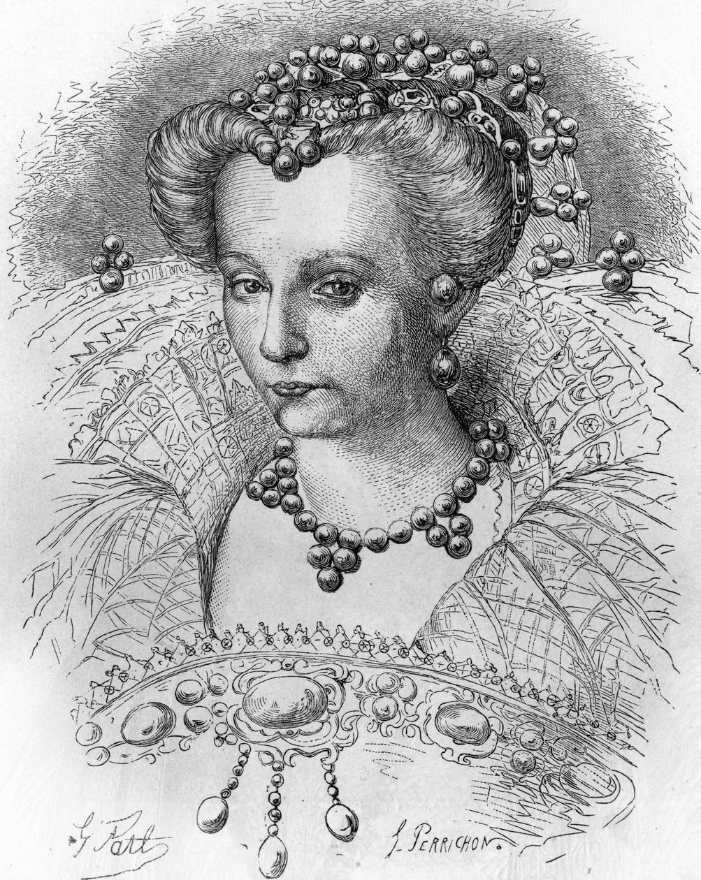 Portrét Louise de Lorraine (1553-1601), manželka Jindřicha III. V ""Populární historie Francie"", nd. kolem 1885. Rytina. od French School