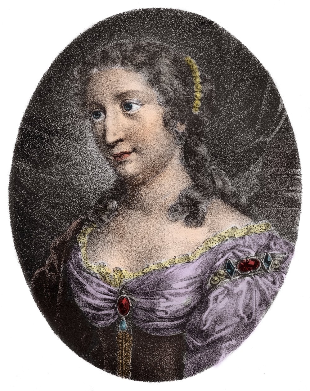 Portrét Madame de La Fayette, francouzské prozaičky (rytina) - Marie-Madeleine (Marie Madeleine) Pioche de La Vergne, Comtesse de Lafayette (Madame de la Fayette) (1634-1693). Rytina 19. století. od French School