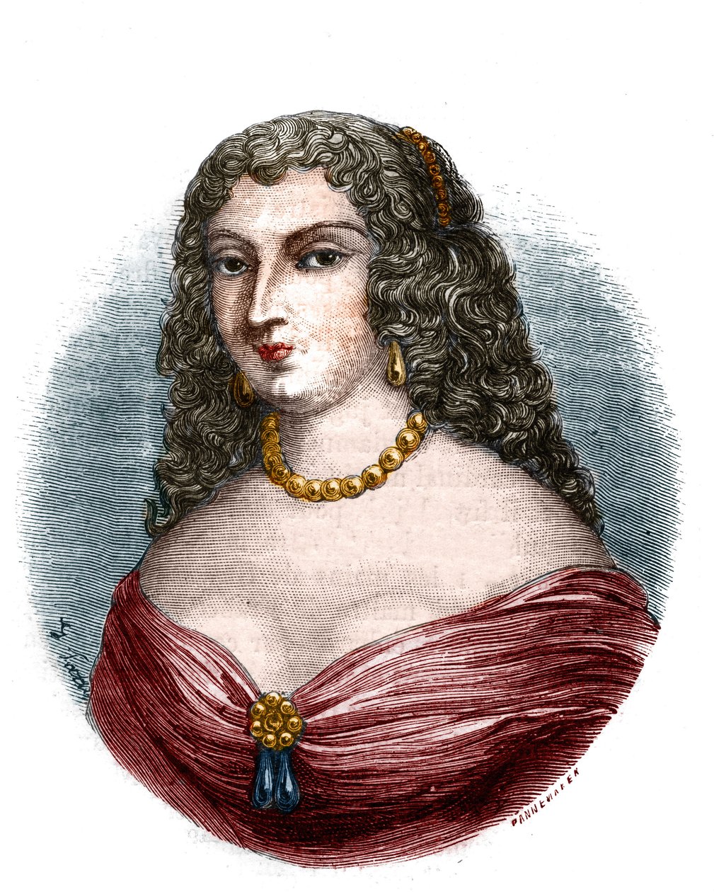 Portrét mademoiselle de la Fayette (Louise de La Fayette 1618-1665), milenka v titulu, ale bez funkcí krále Ludvíka XIII. viděla impotenci otce““ Rytina v „Histoire des Papes-kings-queens-et-empereurs a travers les století“““ od Mau od French School