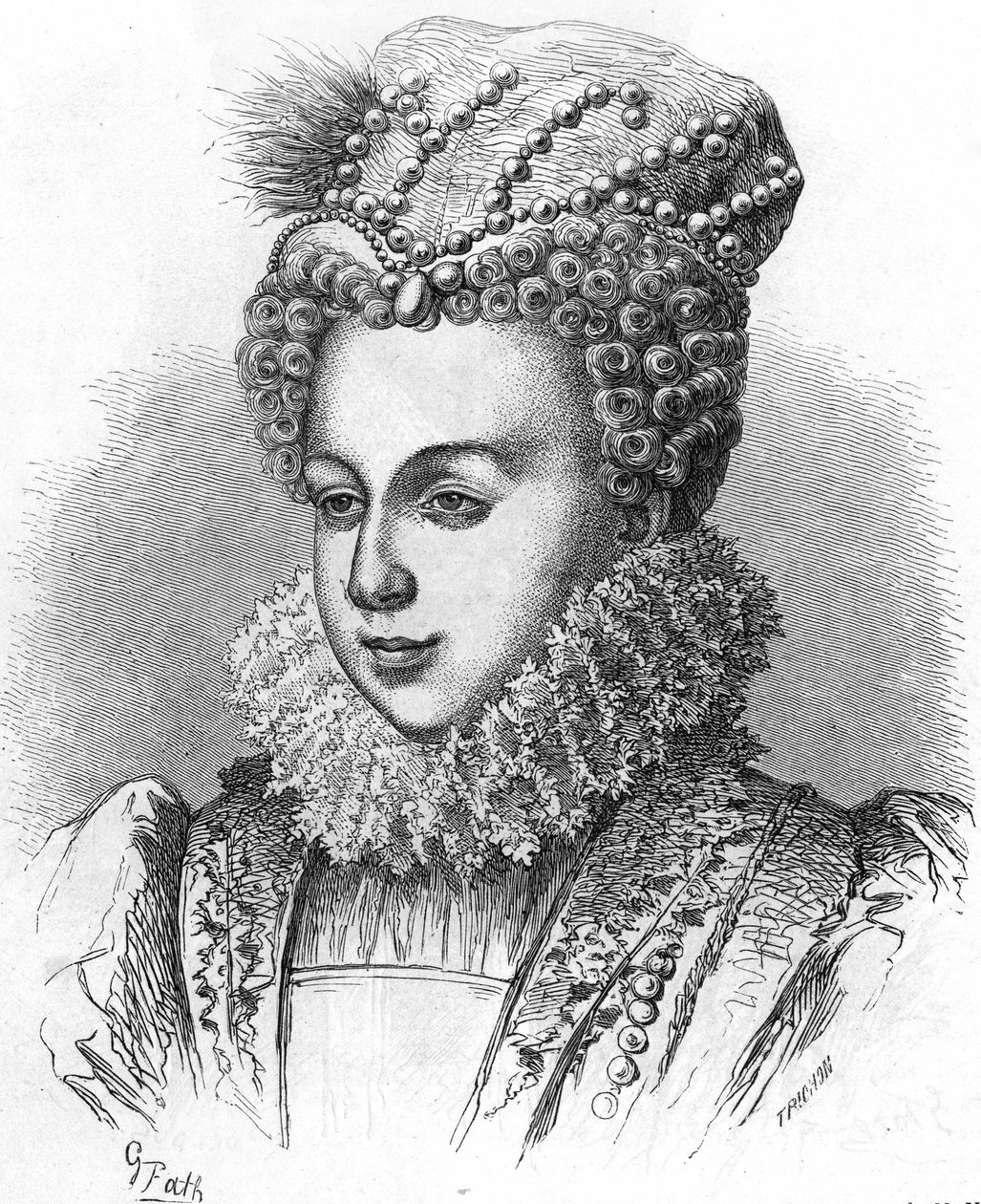 Portrét Markéty z Valois známé jako královna Margot (1553-1615) Manželka Jindřicha IV. V “” Histoire Populaire de la France””, sd. ver1885. Rytina. od French School