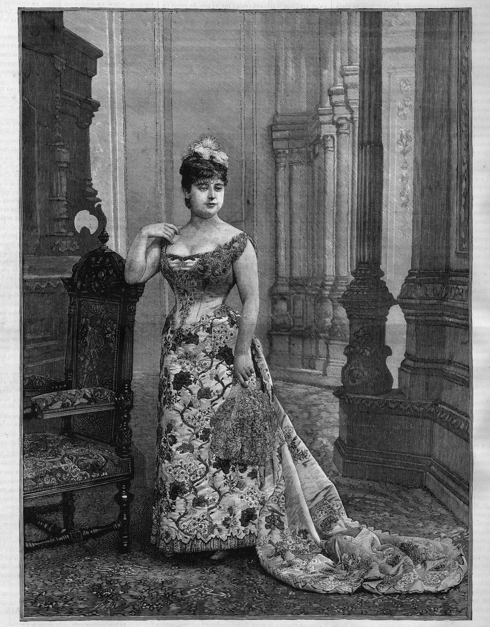Portrét Marie Heilbronn (Heilbron) (1849-1886), belgická sopranistka. Gravírování v "" Le Monde Illustré "" od French School