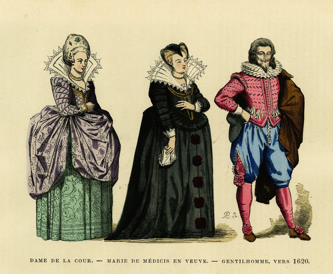 Portrét Marie de Medicis (1573-1642), královny Francie, ve vdovském hábitu, obklopená dvorní dámou a gentlemanem, kolem roku 1620. Barevná rytina, ve „France et les francais a travers les siecles“ od Augustin Challamel, redaktor F.Roy, Paris 18 od French School