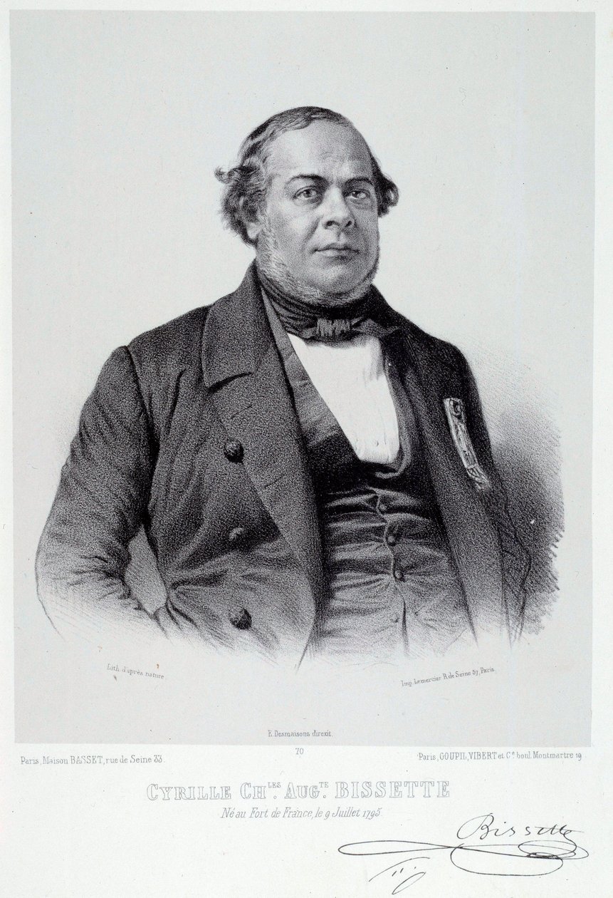 Portrét martinického politika Cyrille Charles Auguste Bissette (1795-1858), velkého zastánce zrušení otroctví ve Francii. Rytina z 19. století Chartres, Musee des Beaux Arts od French School