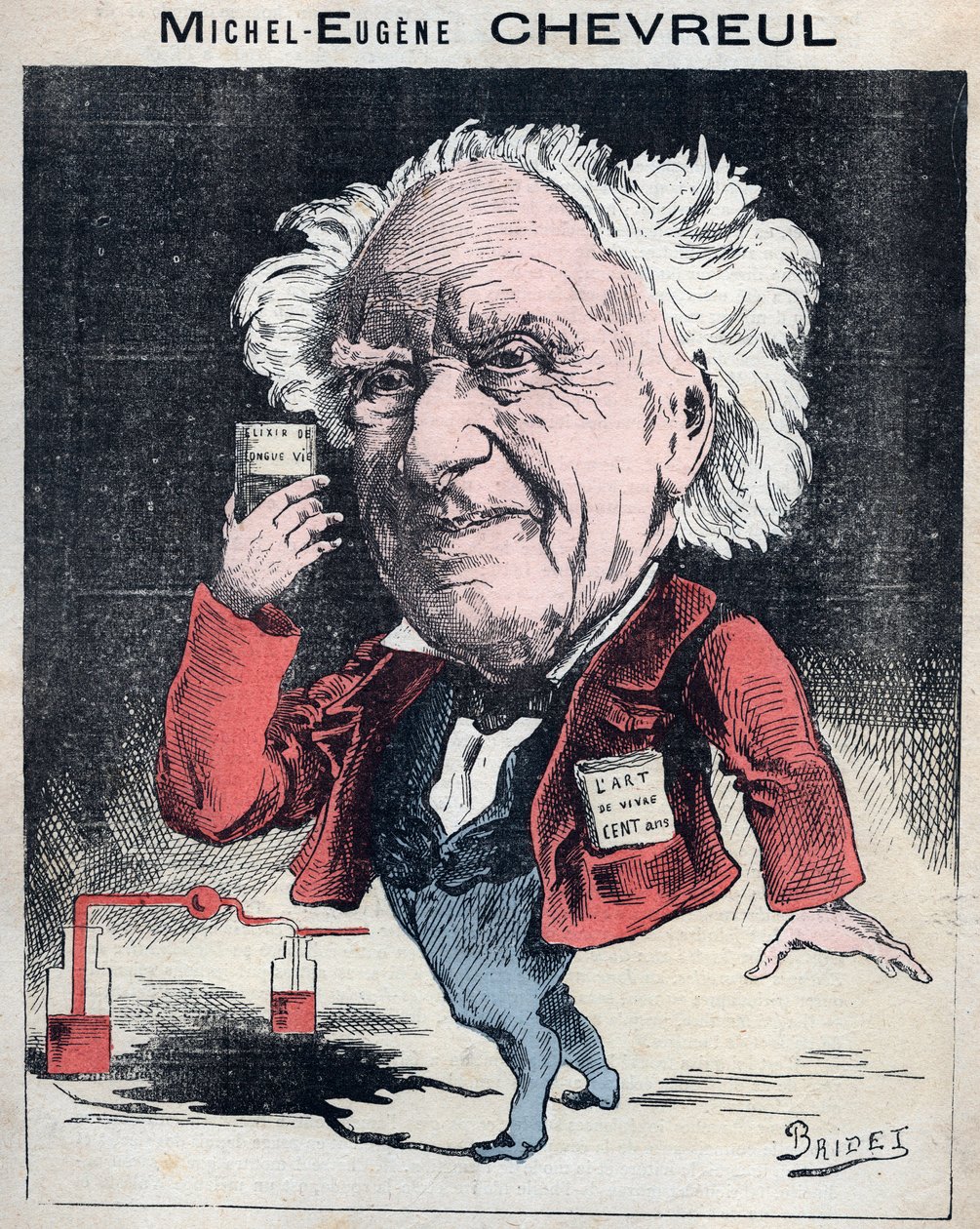 Portrét Michela Eugena (Michel-Eugene) Chevreula (1786-1889), francouzského chemika - Karikatura Bridet v „Les Hommes d