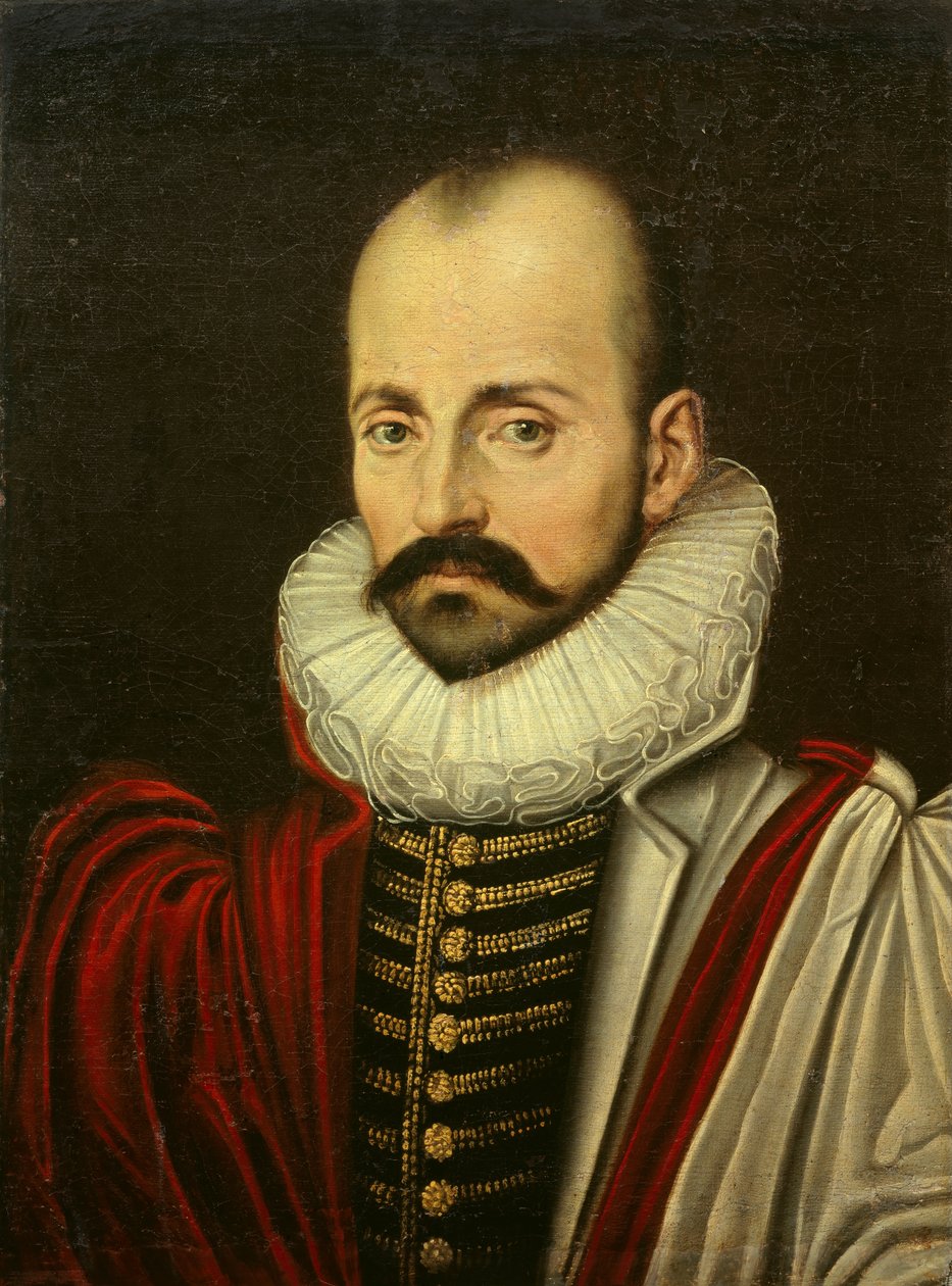 Portrét Michela Eyquema de Montaigne (1533-1592), francouzského humanistického filozofa. Malba francouzské školy první čtvrtiny 17. století. Rozměr 0,70 x 0,52 m od French School