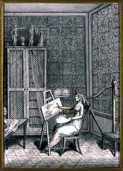 Portrét Mme. Marie-Anne-Marguerite Gerard (1761-1837) ve svém ateliéru, kolem roku 1790 (pero a inkoust s perem na papíře) od French School