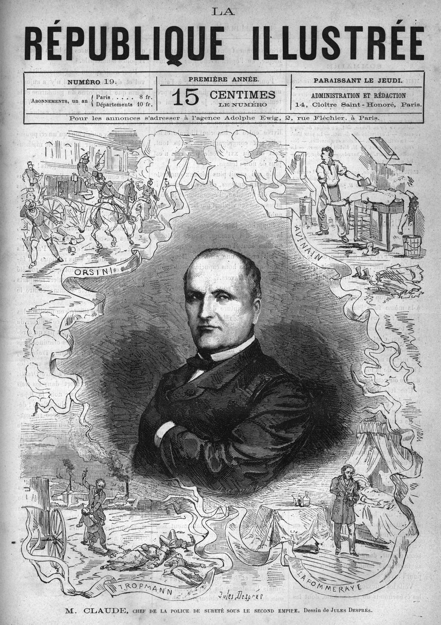 Portrét monsieur Claude (Antoine Francois Claude dit) (1807-1880), francouzský policista a spisovatel, šéf bezpečnostní policie za Druhého císařství. Noviny. Rytina z roku 1880 v soukromé sbírce „La republique illustree“. od French School