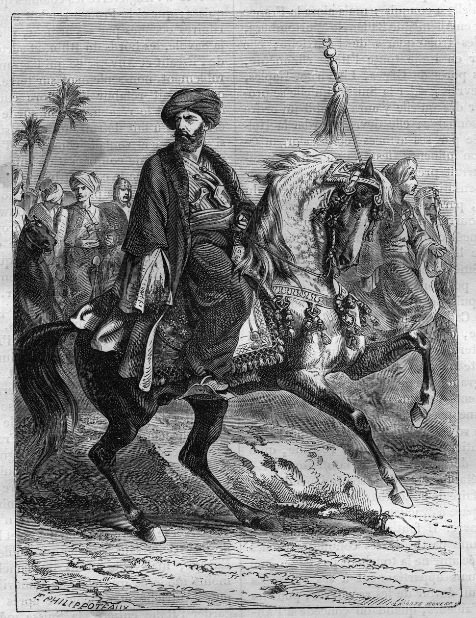 Portrét Mourada Beye (1750-1801), mamlúckého náčelníka – rytina z roku 1865 v „Histoire du Consulate et de l