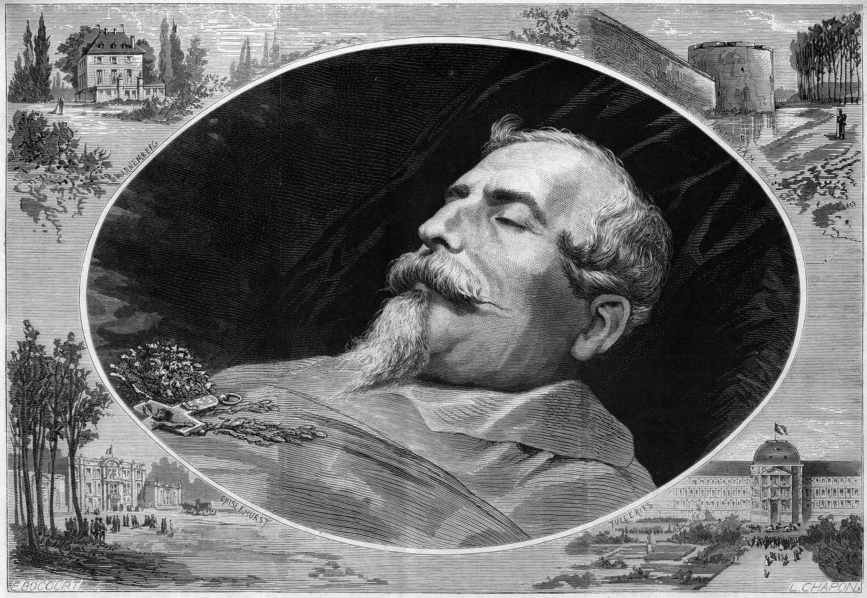 Portrét Napoleona III (1808-1873), na smrtelné posteli. Rytina v „“ Le Monde Illustré““ č. 824 z 25. ledna od French School