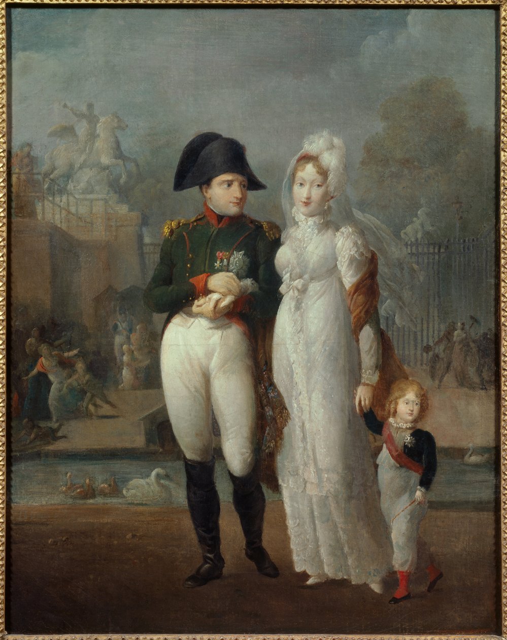 Portrét Napoleona I. (1769-1821) a Marie Louise se svým synem, římským králem Napoleonem II., vévodou z Reichstadtu na anonymním obraze Tuilerijské zahrady. Soukromá sbírka 19. století - Portrét Napoleona I. (1769-1821) a Marie Louise s jejich tzv. od French School