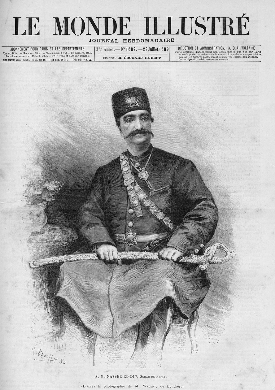 Portrét Nasser Ed Din (1831-1896), šáh z Persie (Írán). Také nazývaný Nasseredin Shah, Nasserer-al-Din Shah Qajar, Nasser al-Din Shah Qajar, Nasiruddin Shah. Jeden z novin „Le Monde Illustré““ č. 1687 z 27. července od French School