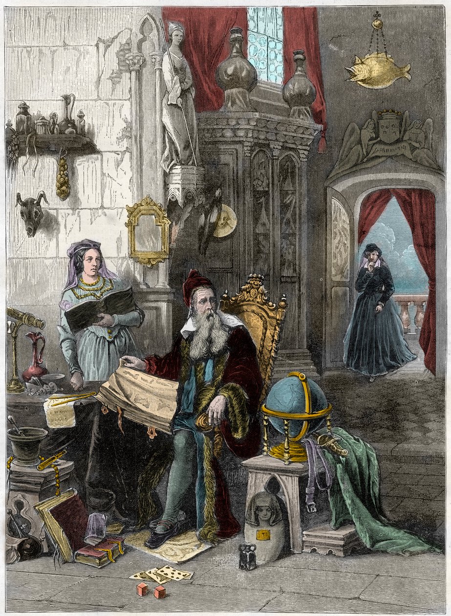 Portrét Nostradama, Michel de Notre Dame (1503-1566) francouzský astrolog a lékař s Catherine de Medicis (Caterina de Medici) (1519 - 1589) - 19. století (rytina) od French School
