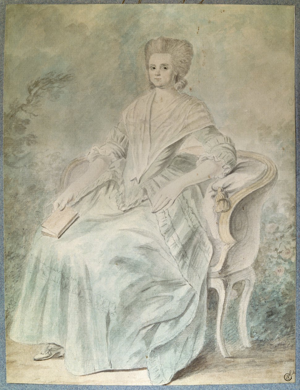 Portrét Olympe de Gouges (vdova Aubry také známá jako Marie Gouze) (Madame Aubry) (1748-1793), feministka, politička a žena s literaturou. Anonymní akvarel z 18. století. Ztlumit. 0,21 x 0,28 m. Paříž, muzeum Louvre od French School