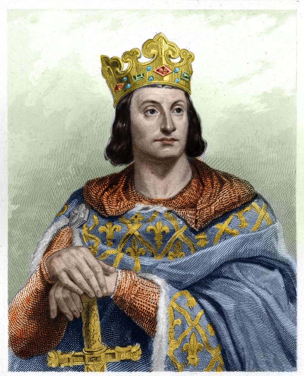 Portrét Filipa II. řekl Philippe Auguste (1165-1223), král Francie - v „Histoire des Francais““ od Lavallee, rytina, sd. od French School