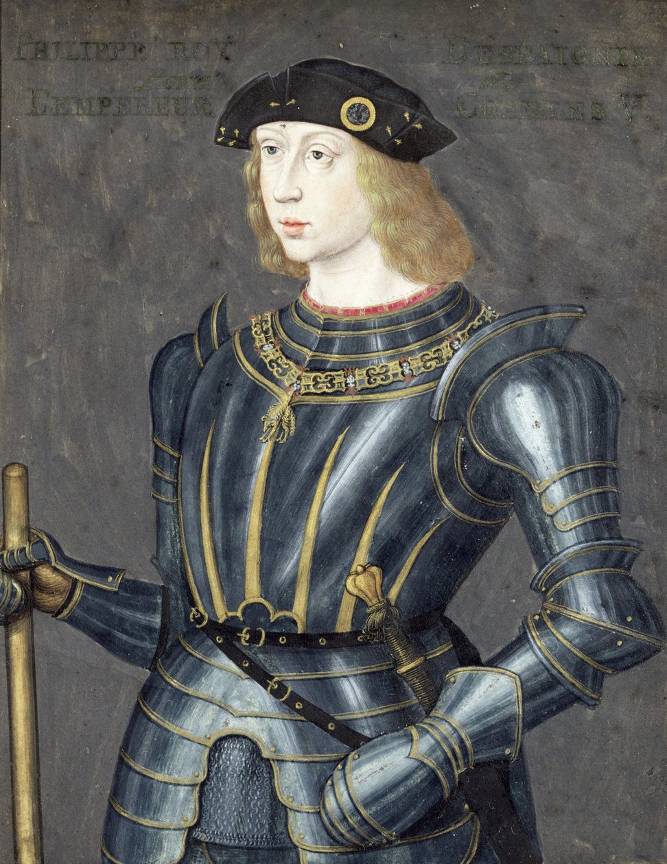 Portrét Filipa II. Španělského (tělová barva a zlatá na pergamenu) od French School