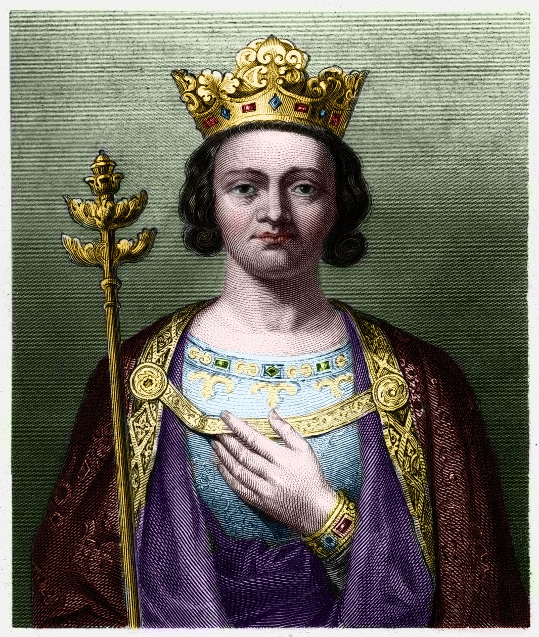 Portrét Filipa V. Dlouhého (1294 - 1322), krále Francie - v „“ Histoire des Francais““ od Lavallee, rytina, sd. od French School
