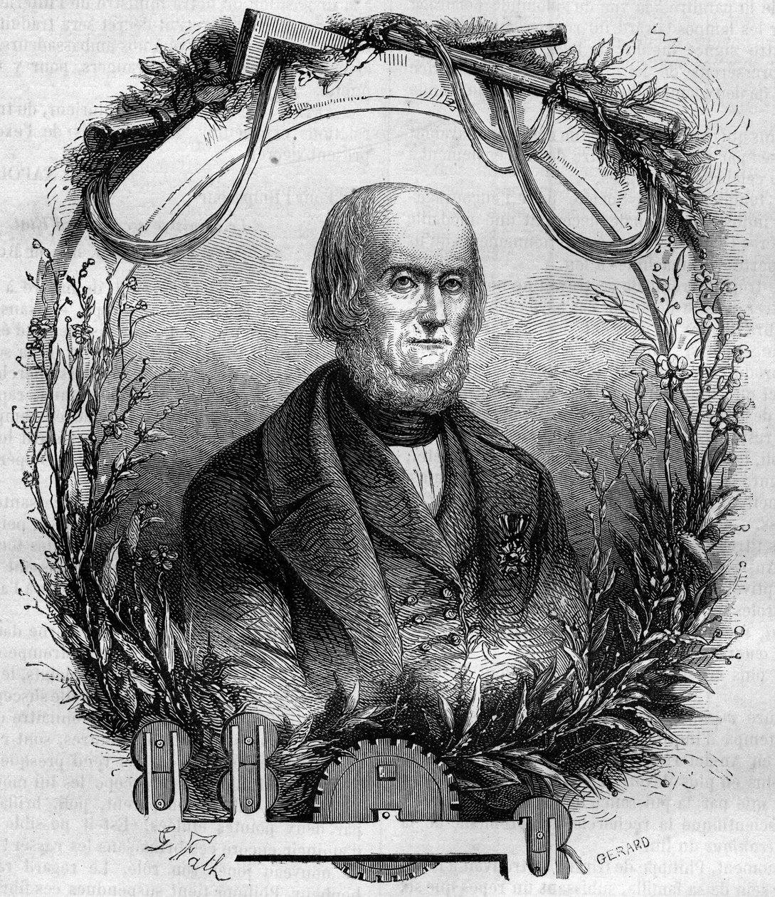 Portrét Philippe de Girard (1775-1845), francouzský vynálezce a průmyslník, tvůrce stroje na předení prádla. Rytina z let 1866-1867. od French School