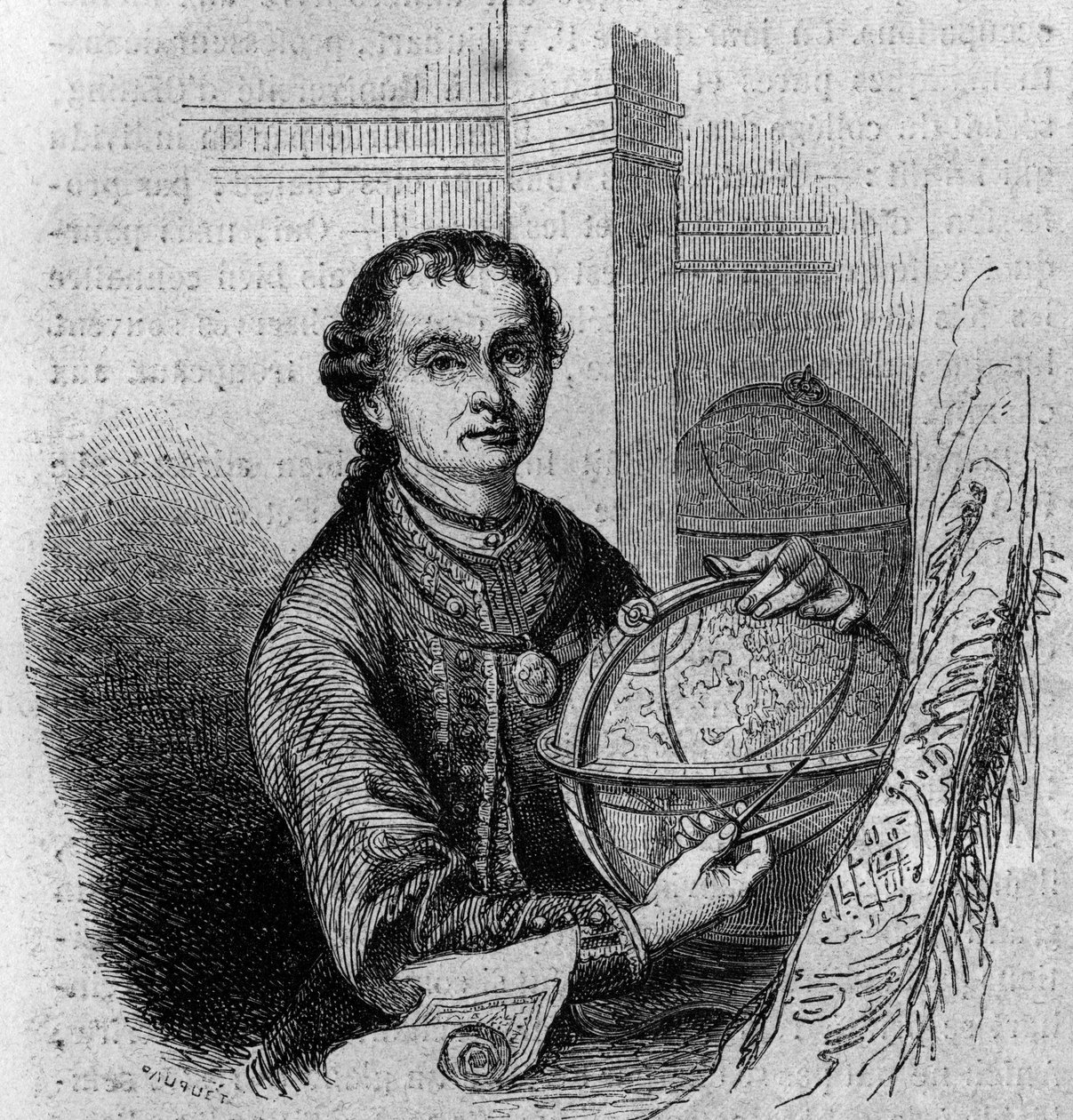 Portrét Pierra (Petera) Anicha (1723-1766), tyrolského astronoma a kartografa, držícího v ruce glóbus a kompas. Gravírování v „“Le Magasin malebné““ od French School
