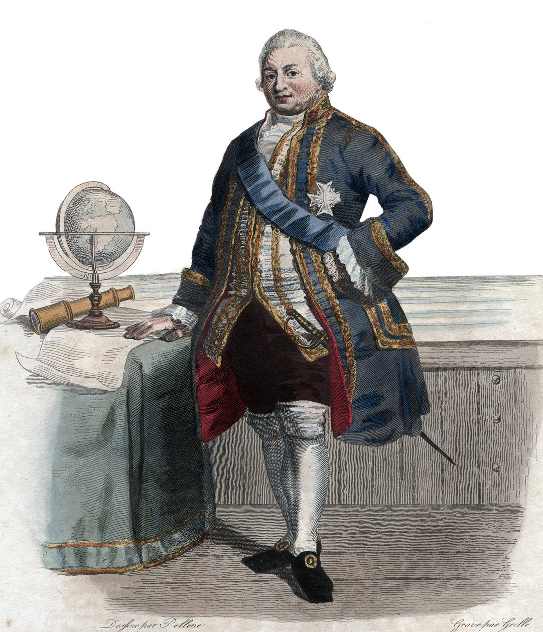 Portrét Pierre Andre de Suffren de Saint Tropez (Saint-Trophez), soudní vykonavatel Suffrenu (1729-1788), francouzský admirál. ilustrace z „“The French Plutarch”” od Edmonda Mennecheta od French School
