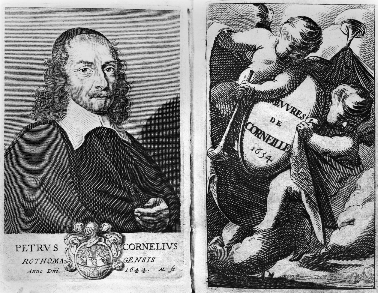 Portrét Pierra Corneille (1606-84) 1644, frontispis pro vydání Oeuvres de Corneille, vydané v roce 1634 od French School