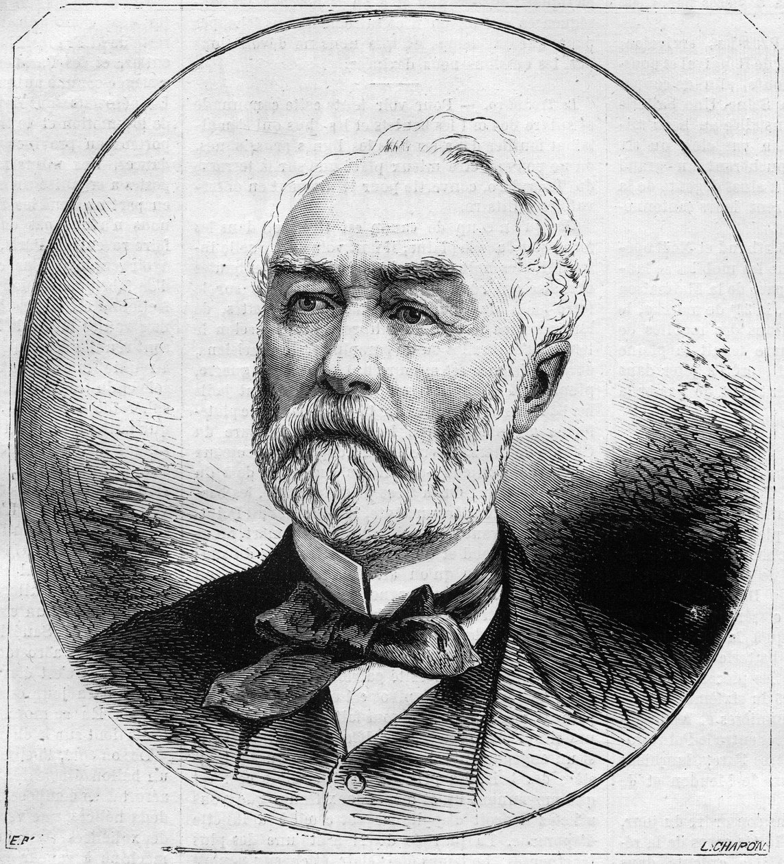 Portrét Pierra Frederica Doriana (1814-1873), francouzského politika, ministra veřejných prací za Třetí republiky v roce 1870. Rytina v „“ Le Monde Illustré““ č. 707 z 29. října od French School
