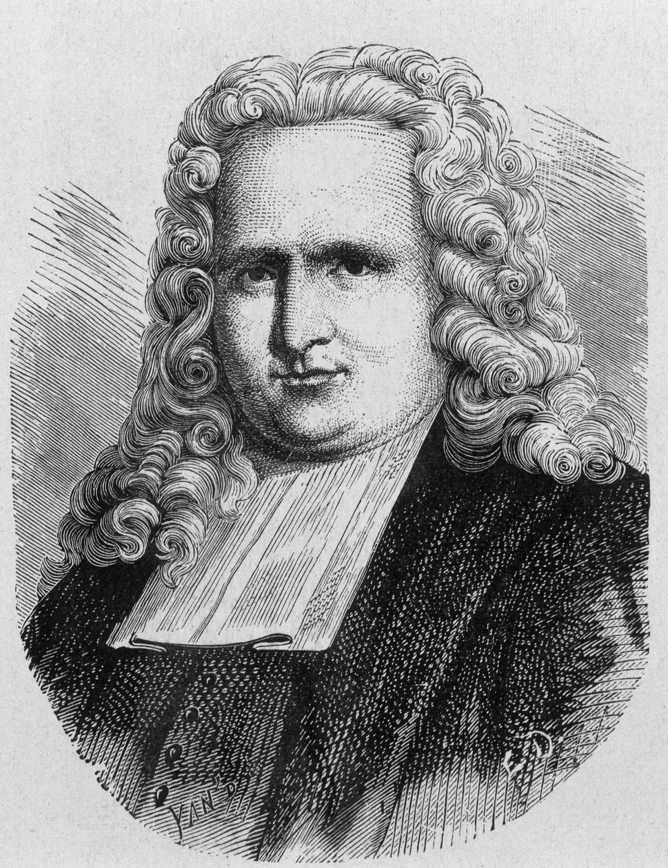 Portrét Pietera (Petrus, Pierre) van Musschenbroek (1692 - 1761), nizozemského fyzika, vynálezce prvního elektrického kondenzátoru (lahev Leiden) v roce 1745 - v „“ Album of Science; věhlasní vědci; Velké objevy “”” 1896. od French School