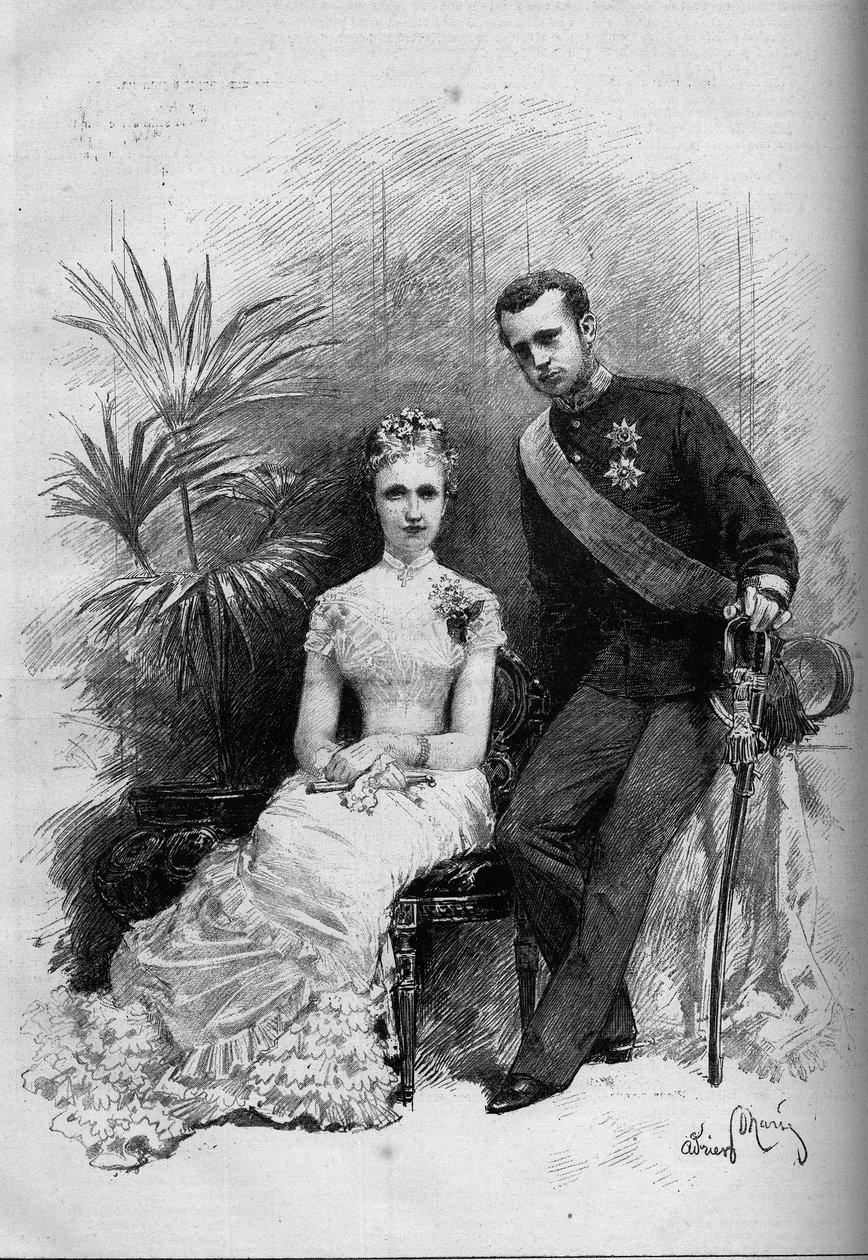 Portrét princezny Stephanie Belgické (1864-1945) a arcivévody Rodolpha Rakouska (1858-1889). Rytina v „“ Le Monde Illustré““ č. 1209 z 29. května 1880. od French School