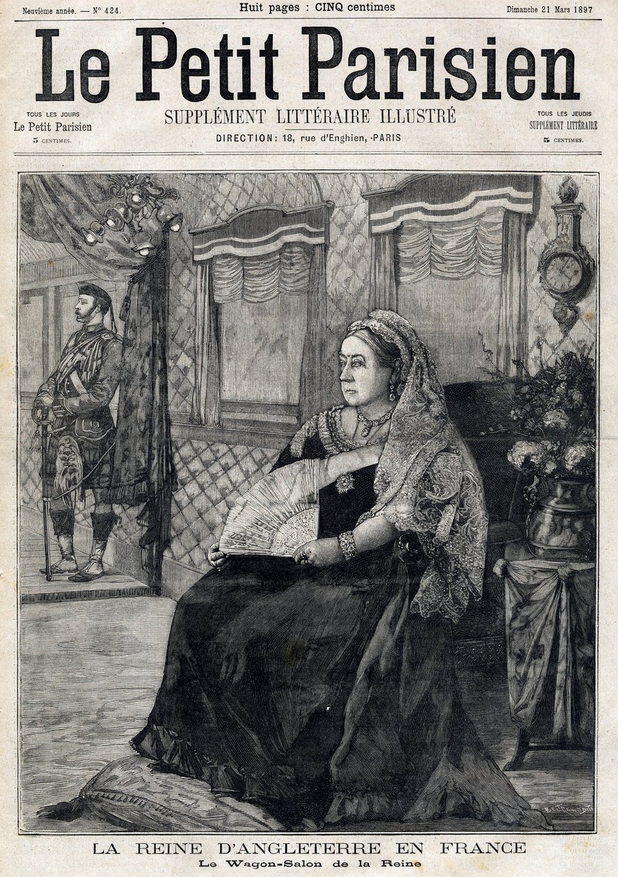 Portrét anglické královny Viktorie (1819-1901), která cestuje po Francii ve svém Wagon Salonu. Titulní strana francouzských novin Le petit Parisien. 21. března od French School