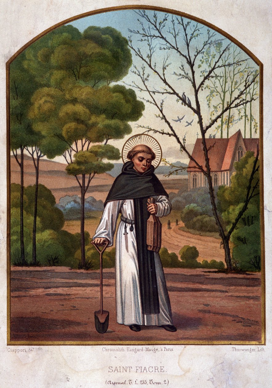 Portrét svatého Fiacre (poustevna u Meaux), patrona práce zahradníků 19. století. od French School