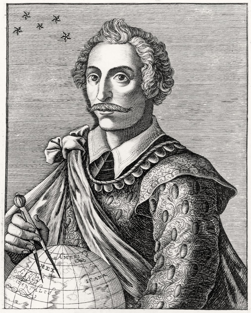Portrét Thomase Cavendishe (1560-92) vyrytý L Armessinem od French School
