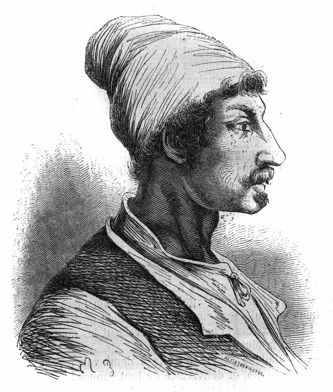 Portrét Tommasa Aniella, známého jako Masaniello (1622-1647), neapolského rybáře, který stál v čele povstání proti Španělům v Neapoli v roce 1647. Rytina z roku 1852. od French School