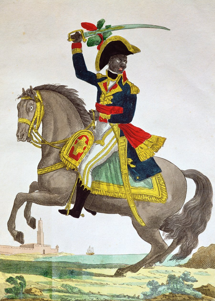 Portrét Toussaint Louverture (1743-1803) na koni, počátek 19. století (barevná rytina) od French School