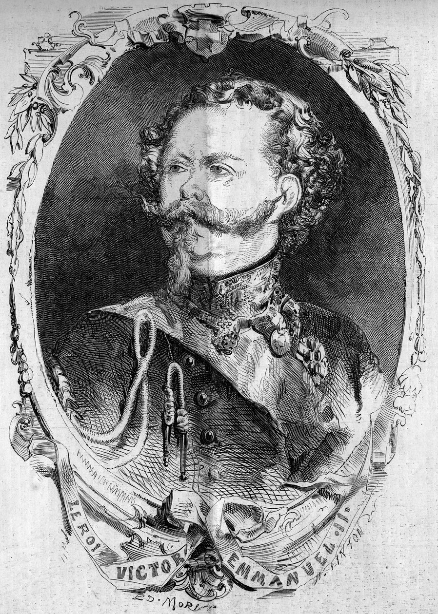 Portrét Victor Emmanuel II (Vittorio Emanuele) (Victor-Emmanuel) (1820-1878), král Sardinie a budoucí král Itálie. Rytina v „“ Le Monde Illustré““ č. 95 z 5. února 1859. od French School