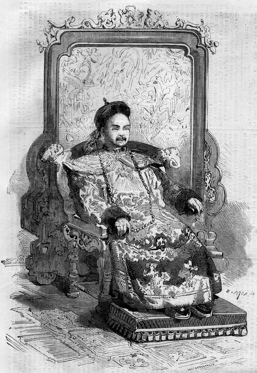 Portrét Xianfenga (1831-1861), čínského císaře z dynastie Čching. Rytina v „“ Le Monde Illustré““ č. 199 z 2. února od French School