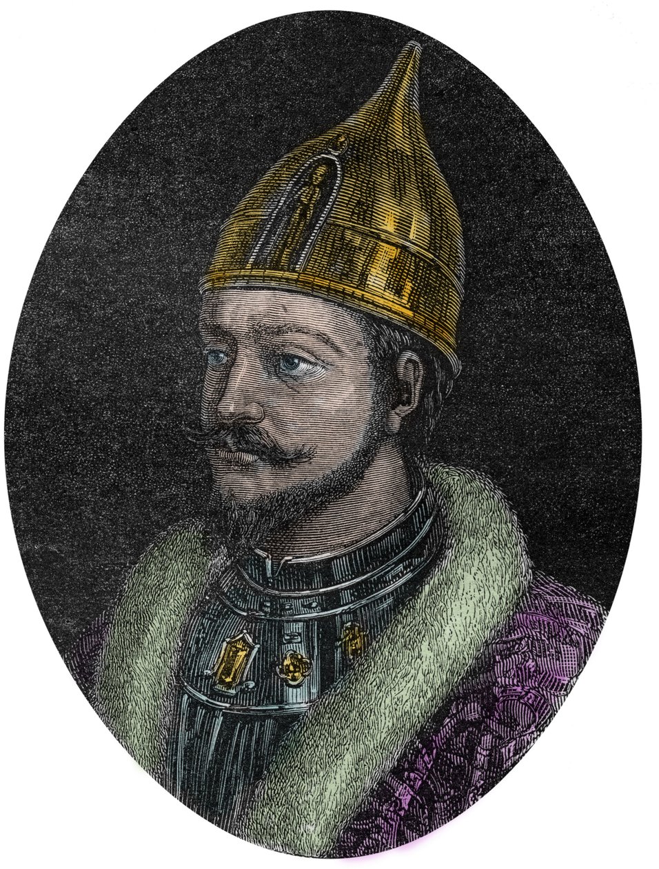 Portrét Jaroslava I. Moudrého (Jaroslava Vladimiroviče) (Jaroslav I) (978-1054), velkoknížete Rusa z Kyjeva - Portrét Jaroslava Moudrého - Jaroslava I., velkoknížete Ruska - z „“Nové národní encyklopedie““ od Maurice La Charesta - 1870 - od French School