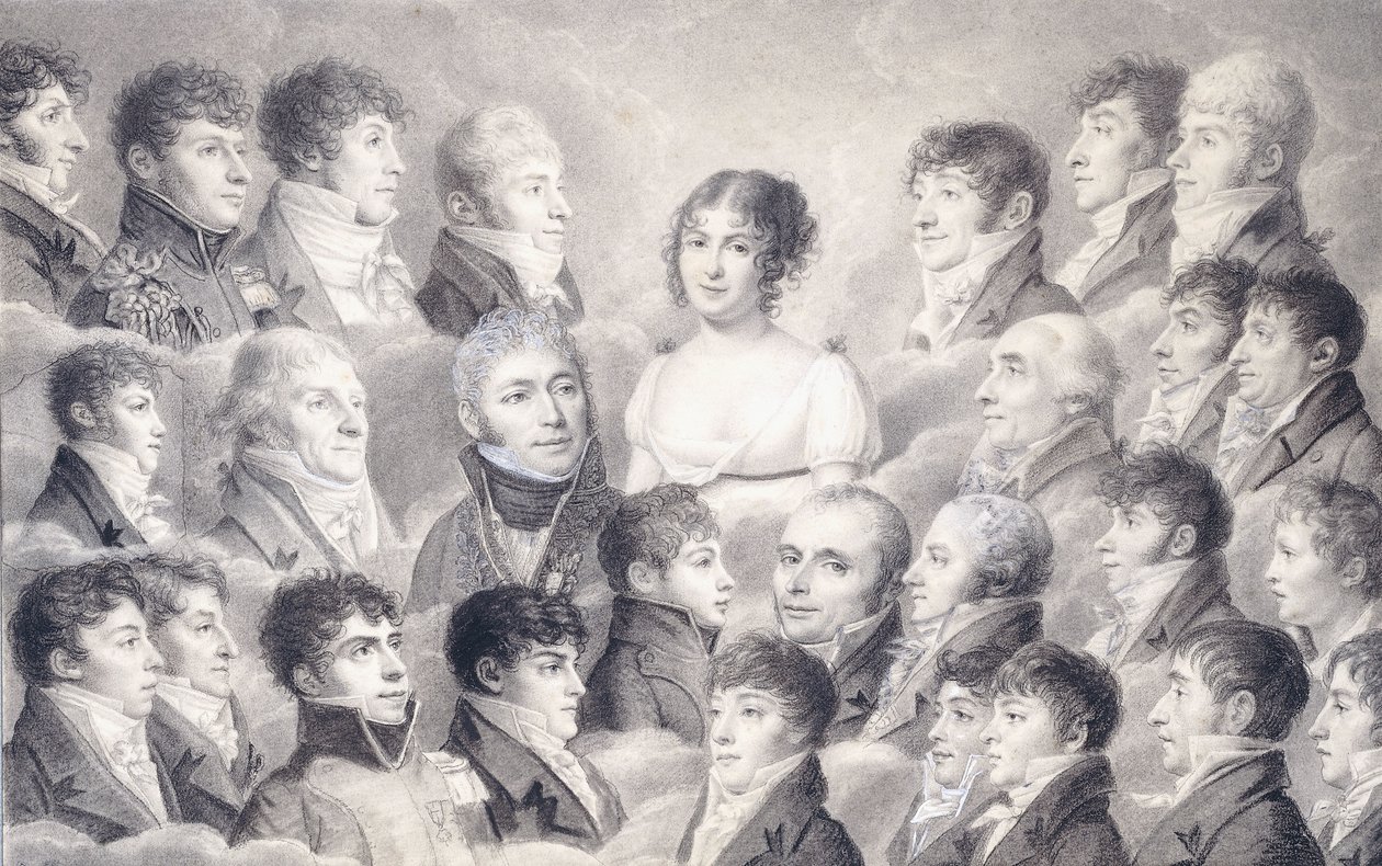 Portrét mladé dámy obklopené svými obdivovateli, od French School