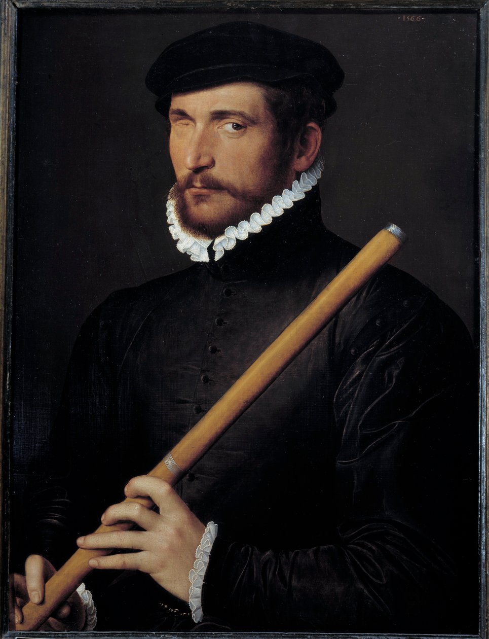 Portrét slepého flétnisty Obraz Ecole francaise. 1566 ne. 0,62x0,5 m - Portrét jednookého flétnisty. Francouzská školní malba. 1566. 0,62 x 0,5 m. Muzeum Louvre, Paříž od French School