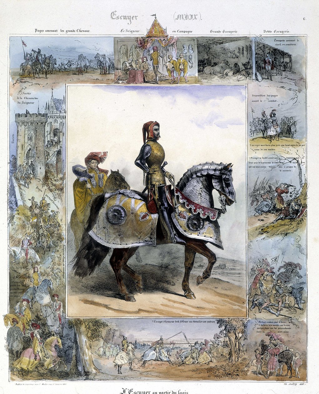 Portrét Ecuyera v "Obrazové historii starověkého a moderního jezdectví" od Charlese Aubryho od French School
