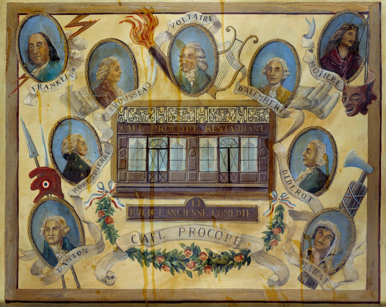 Portrét historických osobností a pohled na pařížskou kavárnu Le Procope: Jean Jacques Rousseau, Voltaire, Jean D