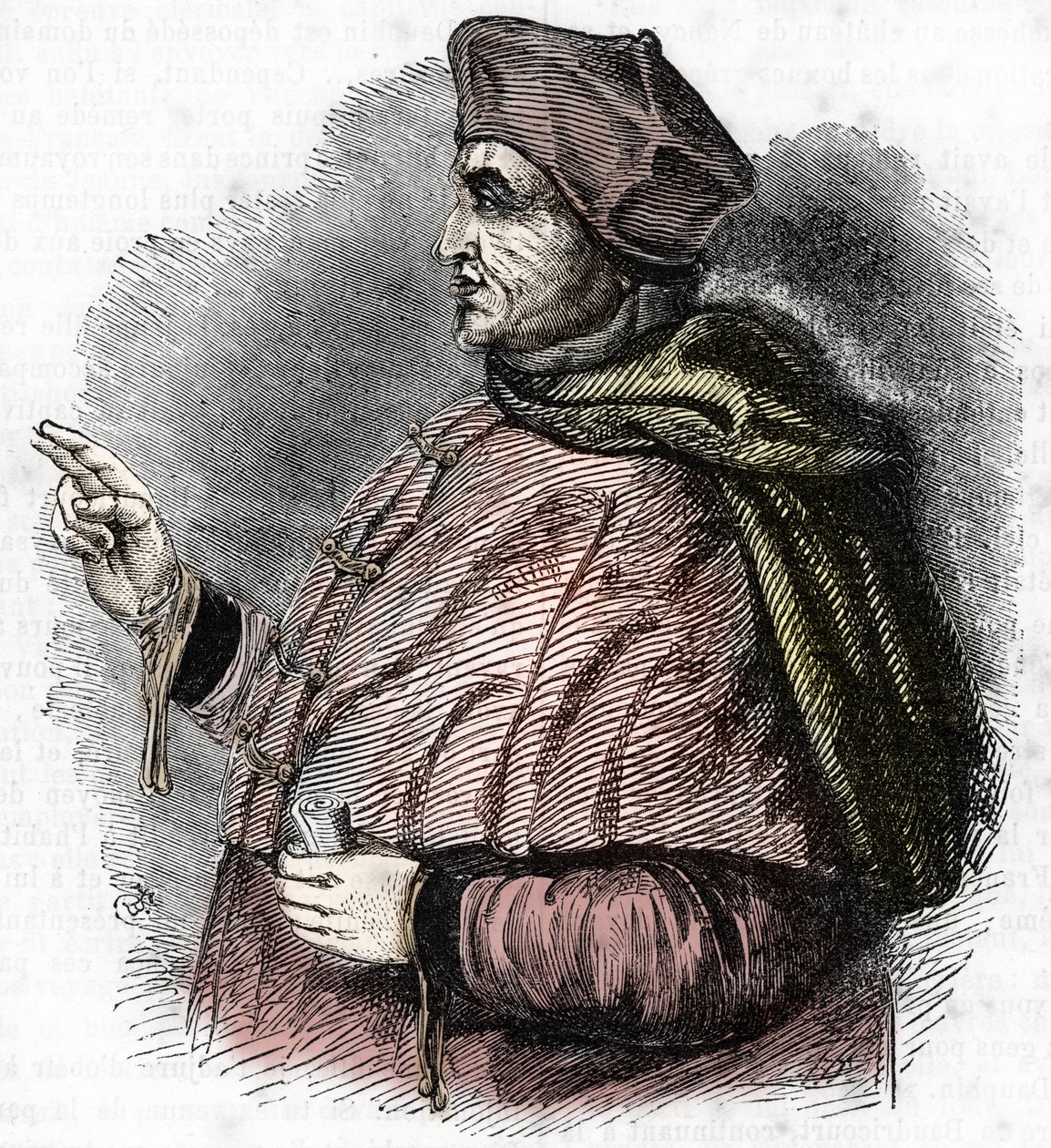 Portrét Eveque Pierre Cauchon (1371-1442) schvalující úředník procesu Johanky z Arku (Portrét Pierra Cauchona biskupa z Beauvais) Rytina od French School