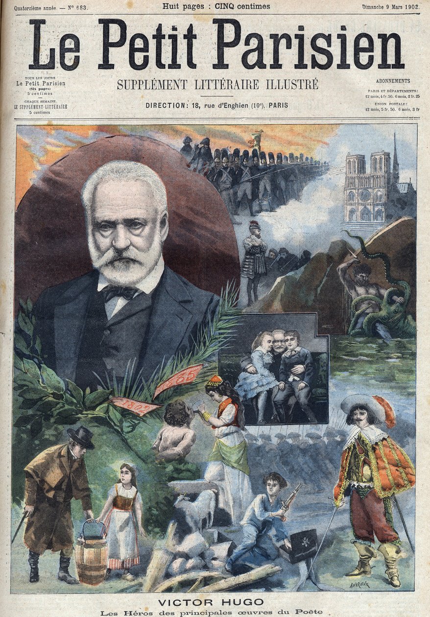Portrét francouzského spisovatele Victora Huga (1802-1885) s ilustracemi jeho hlavních děl. Rytina v "Le petit Parisien"" od French School