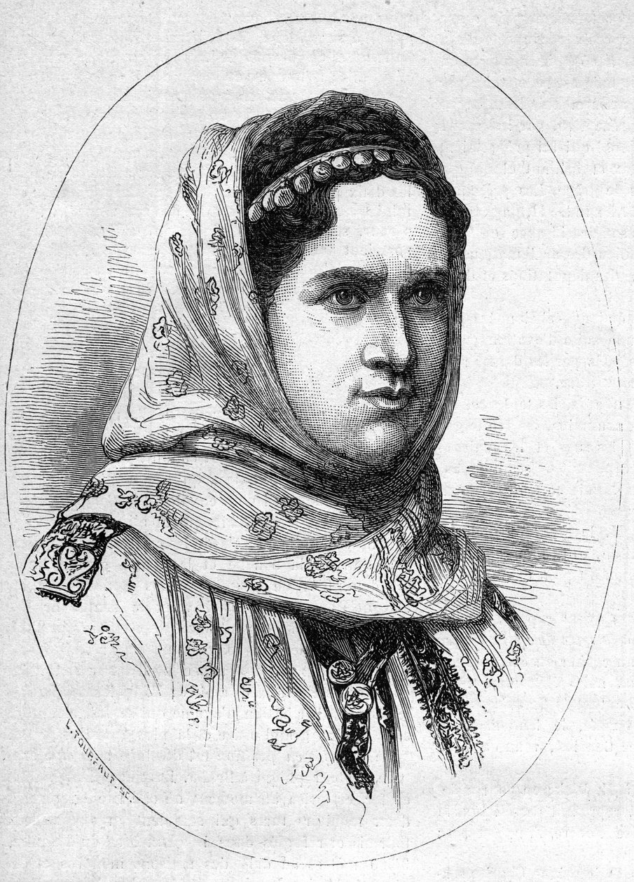 Portrét rumunské princezny Elisabeth Pauline Ottilie Louise de Wied (1839-1914), manželka budoucího krále Karla 1. (Carol 1.) Rumunska. Rytina v „“ Le Monde Illustré““ č. 1054 z 23. června 1877. od French School