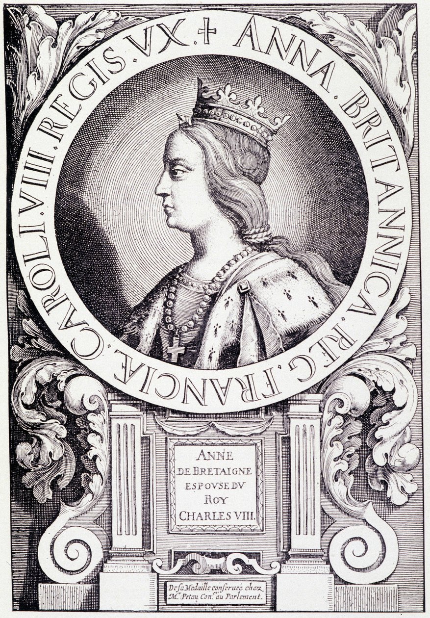 Portrét francouzské královny Anny Bretaňské (1477-1514). Rytina z „Louis XII et Anne de Bretagne“ od Paula Lacroixe, ed. Georges Hurtrel od French School