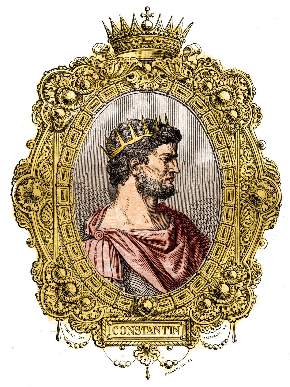 Portrét římského císaře Konstantina I. Velikého (274-337). Rytina do „Historie papežů-králů-královen-a-císařů v průběhu staletí““ od Maurice Lachatre od French School